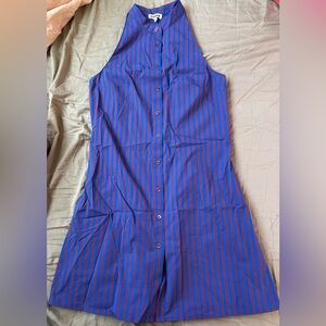 STAUD Sleeveless Button-Front Striped Dress in Blue and Red